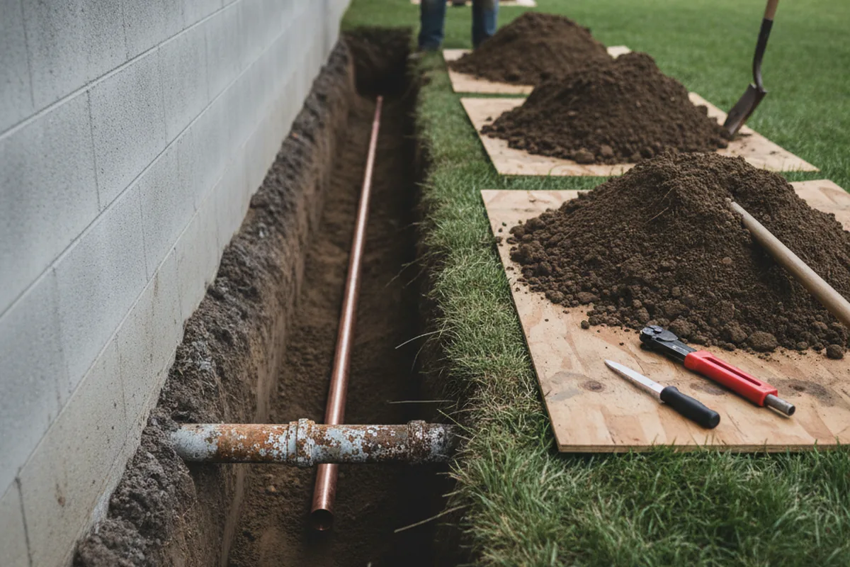 Excavated water line trench during Sewer Line Repair in Valley Cottage